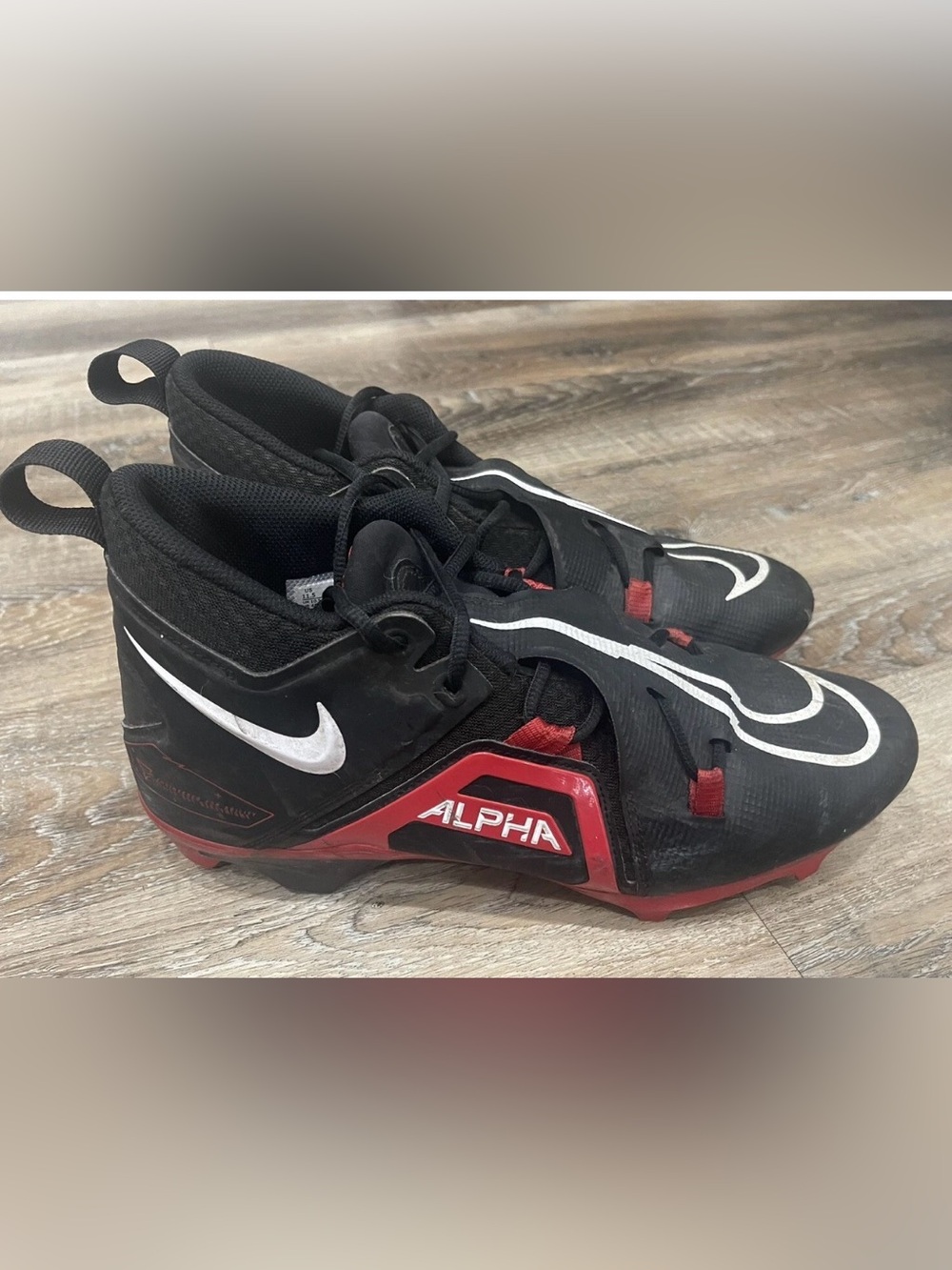 Nike Black Red Alpha Football Cleats with White Swoosh, Size Men’s 11.5